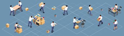 Grafik: Mehrere Personen packen Sachen in einem Büro zusammen und tragen Kartons umher.