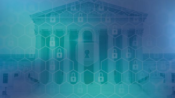 Foto eines Gerichtsgebäude,  blau eingefärbt