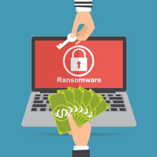 Grafik: Ein gesperrter Laptop, auf dem das Wort Ransomware zu lesen ist. Darüber ist eine Hand zu sehen, die Geld hält und dieses mit einer anderer Hand tauscht, die einen Schlüssel hält.