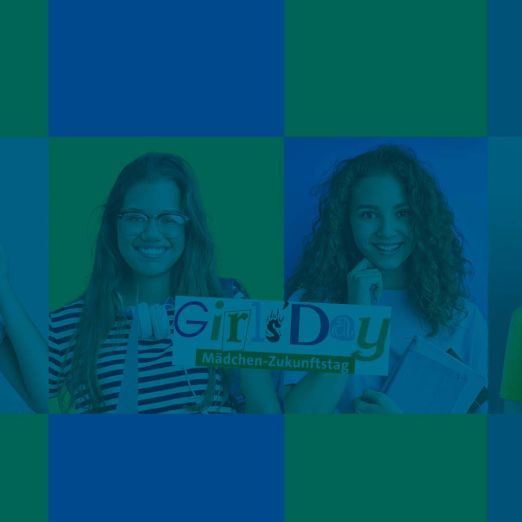Collage von Bildern, auf denen Mädchen zu sehen sind, die in die Kamera lächeln sowie das Girls'Day-Logo