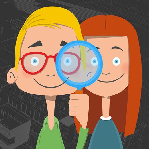 Cartoon von einem Jungen mit Brille, der eine Lupe in der Hand hält und einem Mädchen