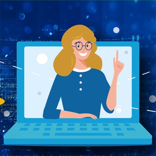 Grafik zum Thema E-Akte mit einer Frau am Laptop arbeitend