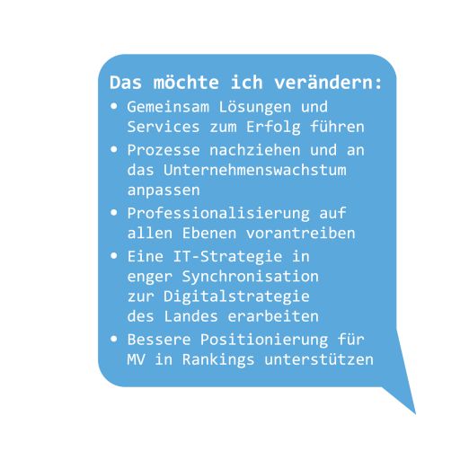Sprechblase "Das möchte ich verändern": Gemeinsam Lösungen und Services zum Erfolg führen, Prozesse nachziehen und an das Unternehmenswachstum anpassen, Professionalisierung auf allen Ebenen vorantreiben, eine IT-Strategie in enger Synchronisation zur Digitalisierungsstrategie des Landeserarbeiten, bessere Positionierung für MV in Rankings unterstützen.