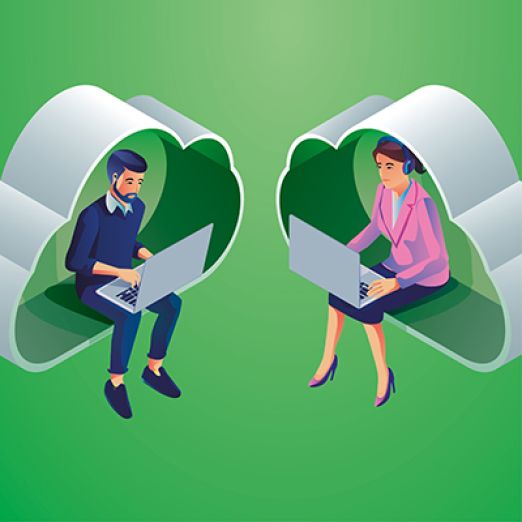Mann und Frau sitzen jeweils einzeln in einer Wolke und arbeiten am Laptop
