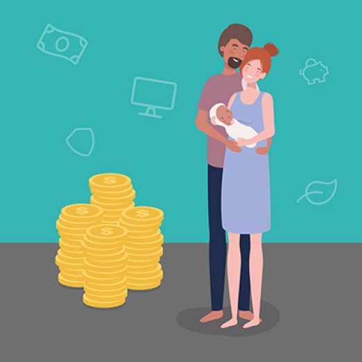 Grafik nit Darstellung Elternpaar mit Kind und Geld