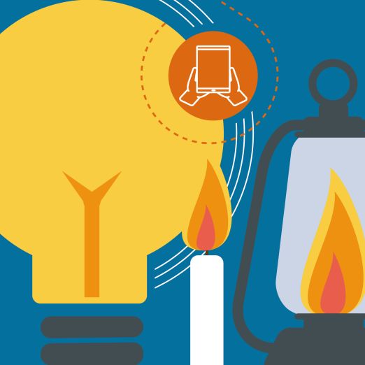 Grafik von einer Glühbirne, Kerze und Lampe