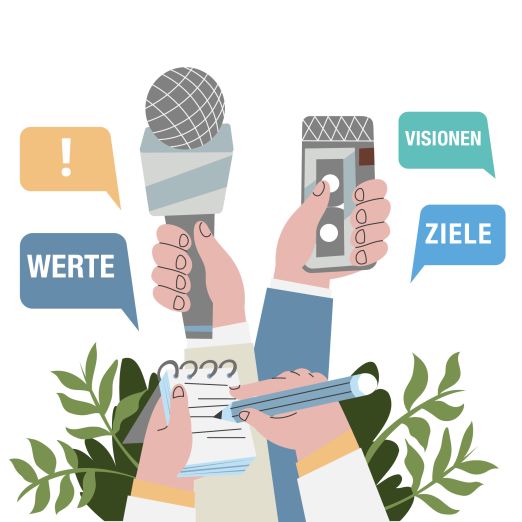 	Grafik von Händen, die Journalist*innen darstellen, die Fragen stellen