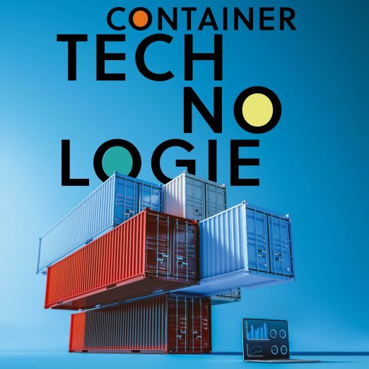 Symbolbild Container-Technologie mit Containern und einem Laptop