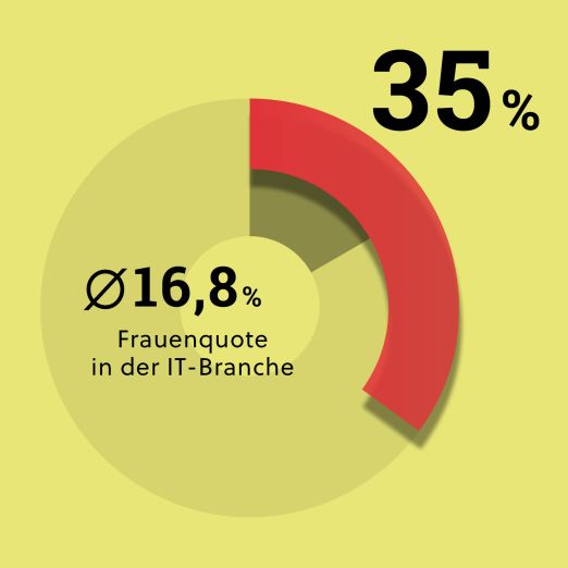 Diagramm 35% Frauenanteil DVZ im Vergleich zu einer durchschnittlichen Frauenquote von 16,8% in der IT-Branche