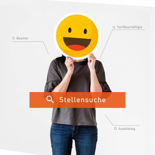 Eine Frau hält sich ein Emojibild vor das Gesicht; darunter ist ein Suchbalken "Stellensuche" zu sehen