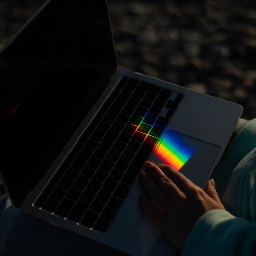 Ein Laptop in einem dunklen Raum, auf den ein Lichtstreifen fällt und in die Farben des Regenbogens aufgebrochen wird.