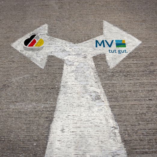 Abbiegepfeil der sowohl nach links zur Deutschen Verwaltungcloud als auch nach rechts zum Land MV zeigt