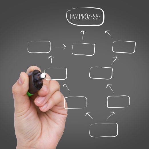 Hand die mit Marker Prozessskizzen auf Glasscheibe zeichnet