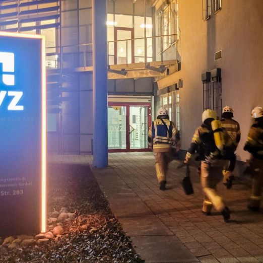 Feuerwehrleute gehen auf den Eingang des DVZ zu