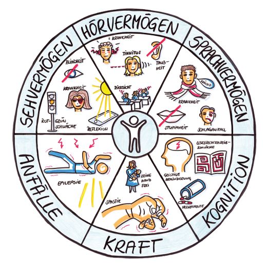 Hörvermögen: Taubheit, Tinnitus, Krankheit, Rücksicht,...  Sprachvermögen: Krakheit, Stummheit, Schlaganfall,...  Kognition: Geistige Behinderung, Leserechtschreibschwäche, Medikamente,...  Kraft: Spastik, keine Hand frei,...  Anfälle: Epilepsie,...  Sehvermögen: Blindheit, Krankheit, Reflektion, Rot-Grün-Schwäche