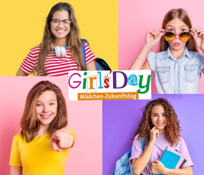 Collage von vier Mädchen und dem Girls'Day-Logo