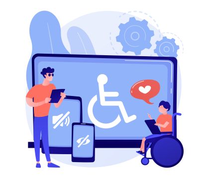 Mehrere Bildschirme, auf denen Barrierefreiheitssymbole zu sehen sind.