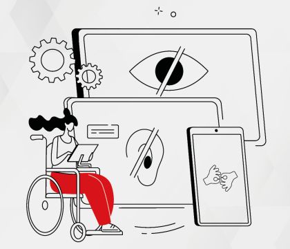 Grafik: Neben einer Frau im Rollstuhl werden auf weiteren Bildschirmen Symbole für Handicaps gezeigt.