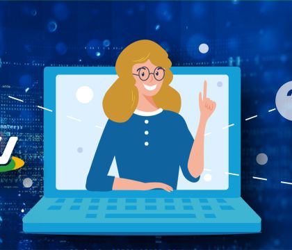 Grafik zum Thema E-Akte mit mehreren Büroangestellten vor dem Laptop arbeitend