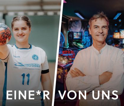 Collage von Dora Konrad im Sportoutfit beim Handball und von Arne Hennes im Flippermuseum Schwerin