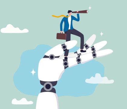 Abbildung eines Mannes im Anzug und mit Aktentasche, der auf einer Roboterhand steht und durch ein Fernglas blickt