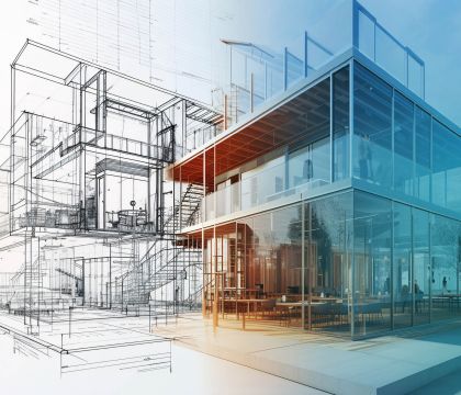 Eine Bauzeichnung eines Hauses die in einen Entwurf von einem fertigen Haus übergeht