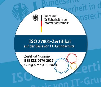Das neue BSI-Siegel mit dem ISO 27001-Zertifikat des DVZ.